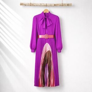 Purple Pleated Bow-Neck Midi Dress with Belt